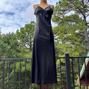 Vintage 70s Vanity Fair Black Nylon Side Slit Minimalist Maxi Slip XS S